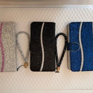 Sparkling Rhinestone Wristlet Phone Wallet for IPhone 14 - Blue, Black, Silver